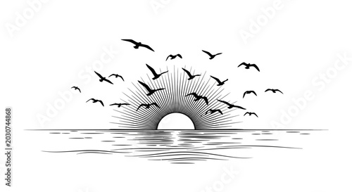 Black and white artistic illustration of a sunset over the sea with a flock of birds.