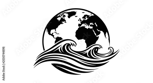 Black and white illustration of planet Earth emerging from ocean waves.