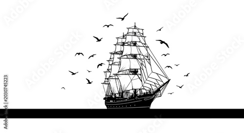 Silhouette of a Tall Sailing Ship at Sea with Flying Birds.