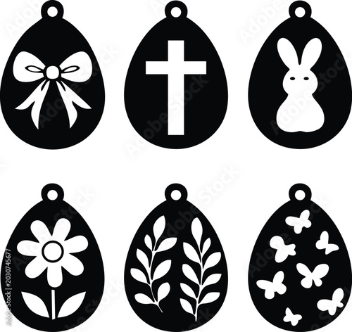 Easter Egg Ornament Bundle, Floral Cross Bunny Leaf Pattern Icons, Decorative Holiday Silhouette Set.eps