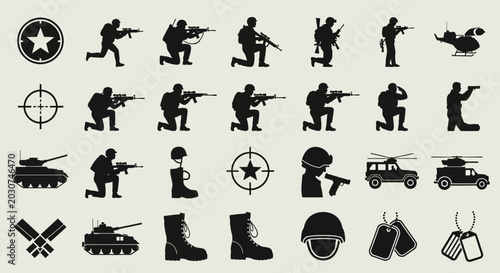 Military Soldiers and War Equipment Icons.