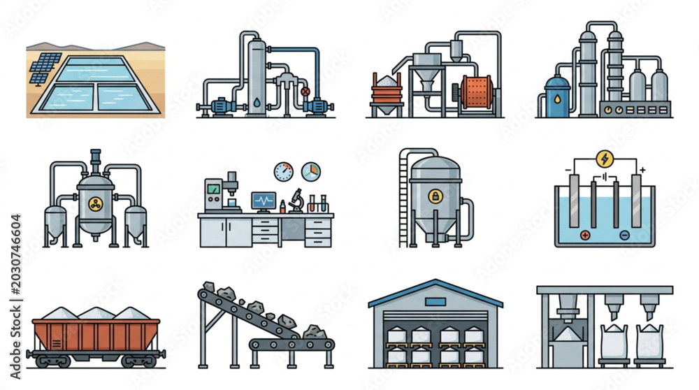 Naklejka premium Industrial factory and manufacturing process illustrations set.