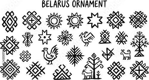 Konstfotografi Hand-Drawn Black  White Line Art Collection of Belarusian Traditional Folk Cultu