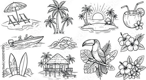 Photos Tropical vacation icons set with palm trees, surfboards, and beach huts illustra
