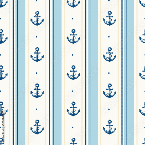 Quadro su tela Vector seamless pattern of blue anchor with stripes.