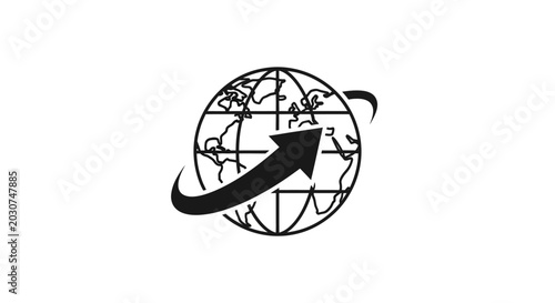 Black and white globe with arrow.