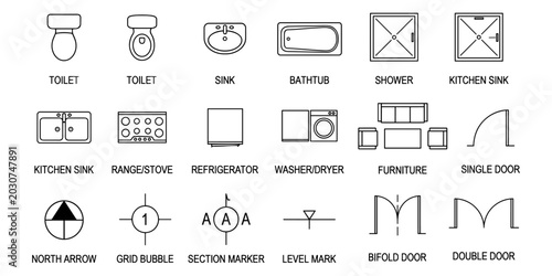 Architectural floor plan symbols set. Vector library of top view icons. windows doors furniture kitchen appliances HVAC systems and technical schematic components for interior architectural plans.