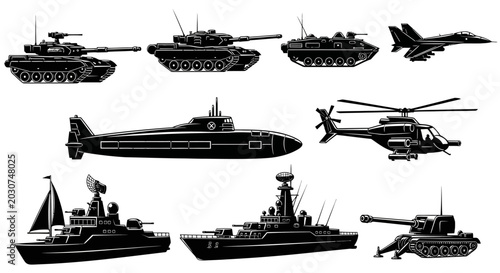Military Vehicles Tanks and Aircraft Silhouettes.