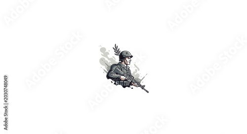 Quadro su tela Military soldier in tactical gear aiming with rifle in action pose
