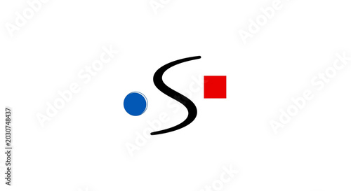 Canvas Print Abstract minimalist design with black curved line, blue circle, and red square on white background