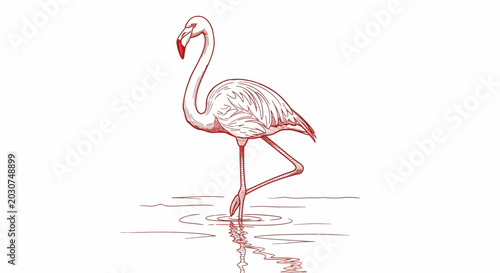 Photos Elegant Red Flamingo Line Art Standing in Calm Water with Reflection