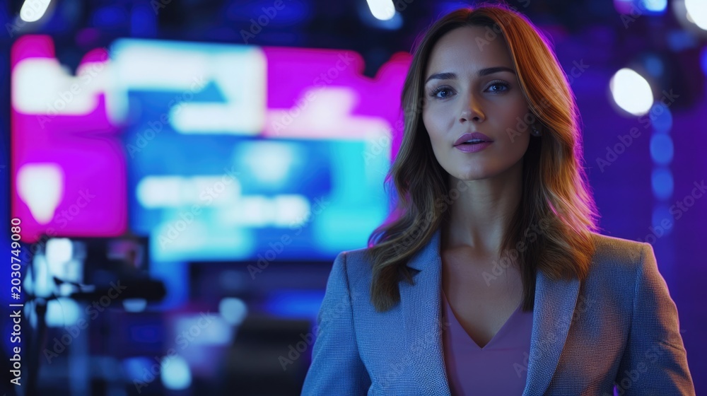 Obraz premium Confident businesswoman looking at camera in television studio w