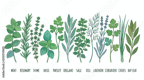 Assorted fresh green herbs including mint basil thyme parsley and sage arranged in a row on a white background