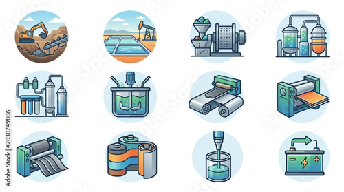 Industrial Manufacturing and Production Processes Icons Set.