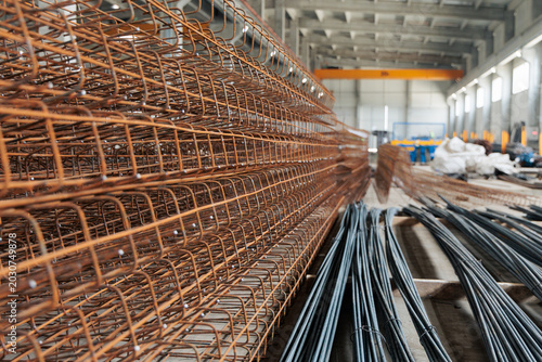 Canvastavla Steel rebar cages forming building reinforcement in workshop