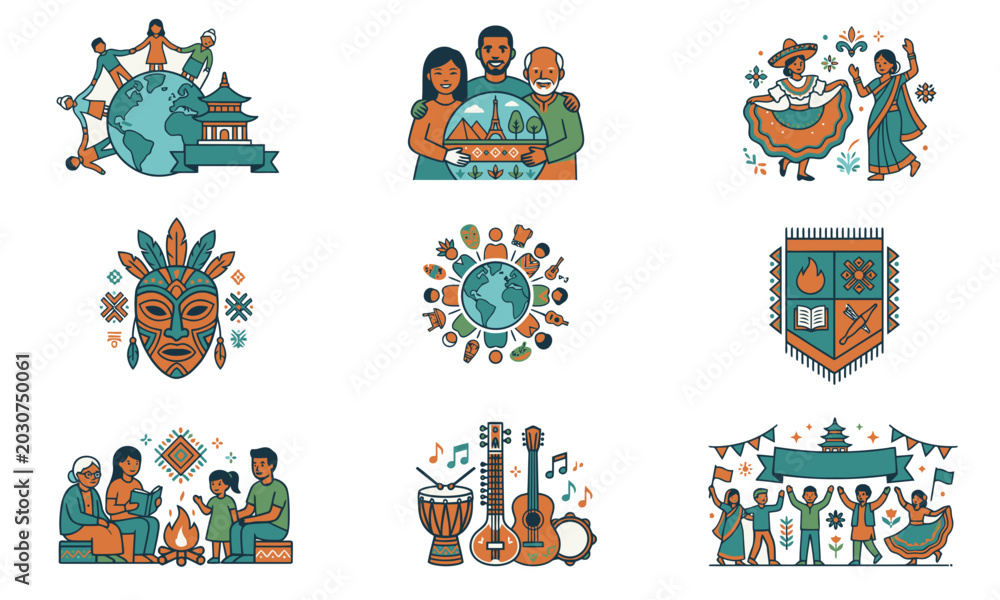 Obraz premium Vibrant vector illustrations depicting global diversity, cultural traditions, community unity, and family heritage, celebrating human connection and shared experiences worldwide