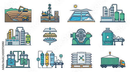 Industrial Manufacturing and Production Process Icons Set.