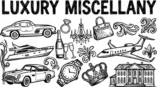 Luxury Miscellany Black and White Line Art Sketch Icons Set. Hand-drawn illustration of rich lifestyle items like cars, yacht, jet, mansion, and crown.