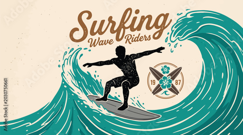 Photography Vector illustration of a surfer riding a wave with surfing logo