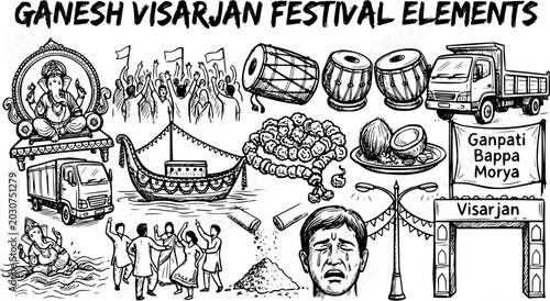 Photos Ganesha Visarjan Festival Elements: Black and White Line Art - Hindu God, Celebr