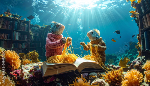 Fish with Human Arms Knitting Sweaters from Spaghetti Strands on an Open Book Underwater