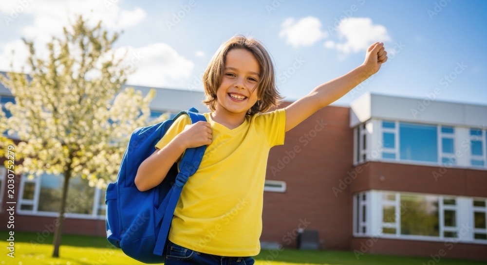 Naklejka premium Happy boy raising hand with backpack outside school on sunny day 
