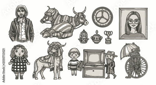 Cartoon characters and fantasy creatures.