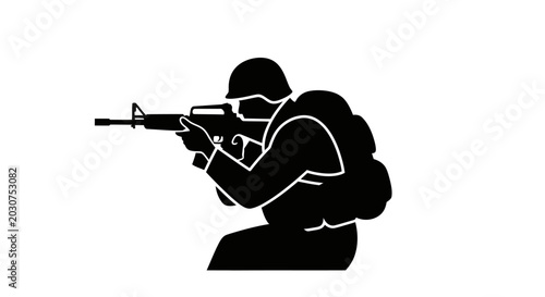 Soldier aiming rifle in combat stance.