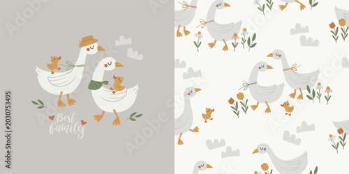 Obraz na płótnie Children's set of poster and seamless pattern with cute geese