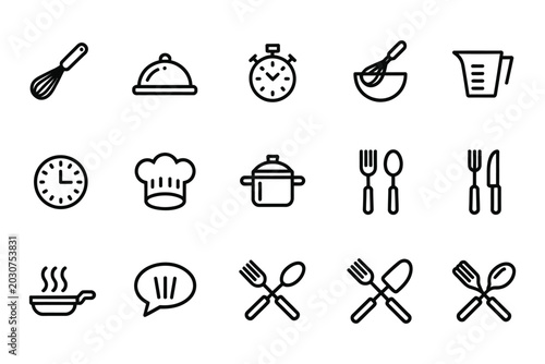 Foto Kitchen And Cooking Line Icon Set, Chef Hat, Whisk, Spatula, Frying Pan And Measuring Cup For Restaurant Food Preparation Vector Illustration