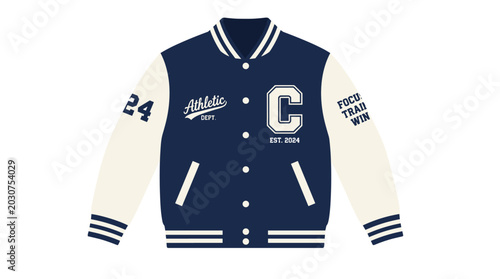 Blue Varsity Jacket With White Sleeves And Patches.