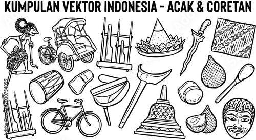 Tableau sur toile Indonesian Culture Vector Art: Wayang, Gamelan, Batik, Kris, Bicycle, Rickshaw,
