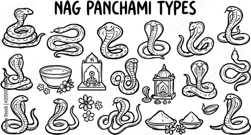 Foto Nag Panchami Types: Black and White Line Art Doodle