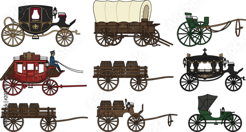 Tableau sur toile Vintage Horse Carriage and Antique Wooden Wagon Vector Icon Set with Historical