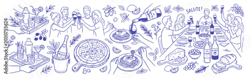 Foto La Dolce Vita Sicily Style Hand Drawn Ink Illustration, Italian Food and Wine Sk