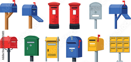 Fotografie Mailbox and Postbox Vector Icon Set with Vintage Red Pillar Box and Modern Post