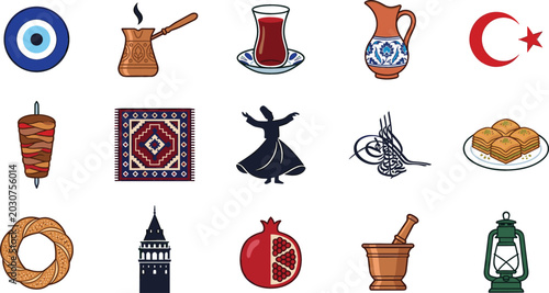 Bild auf Leinwand Traditional Turkish Culture Vector Icon Set with Tea Coffee Baklava Kebab and Is