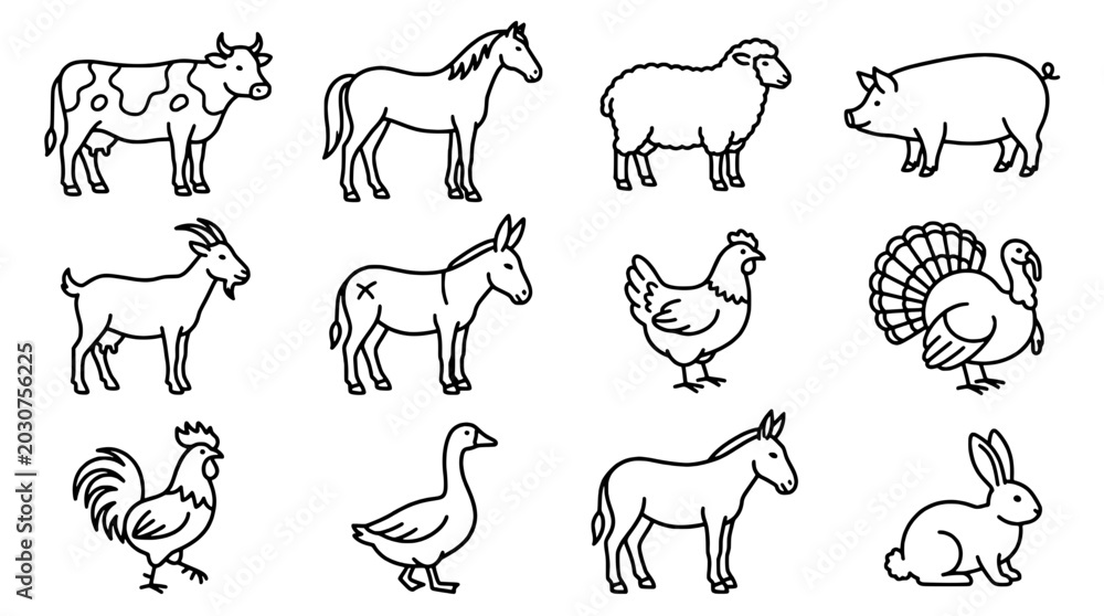 Fototapeta premium Animals farm set with various livestock and poultry illustrations featuring cow, horse, sheep with pig and goat elements for donkey, chicken
