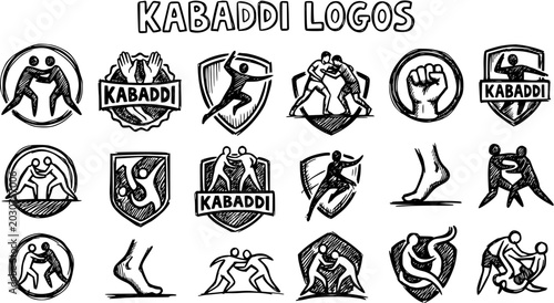 Tableau sur toile Kabaddi Logos Collection: Black and White Line Art Sport Icons for Wrestling and
