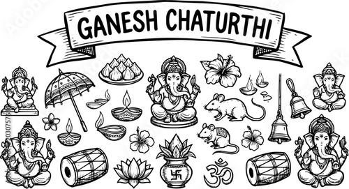 Tableau sur toile Ganesh Chaturthi Hindu Festival Hand Drawn Line Art Set