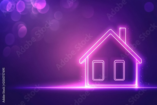 Glowing neon house icon in violet and pink light. Futuristic digital design with minimal lines. Dark purple background. Concept of smart home, real estate, and virtual living. Tech banner.
