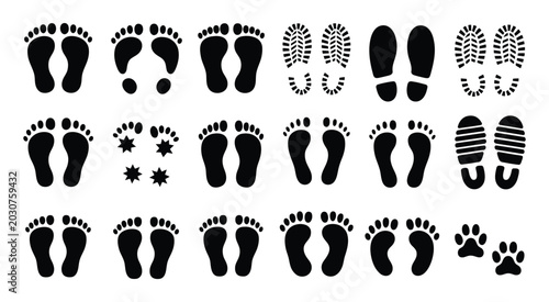 Schilderij op canvas Footstep vector collection with human footprints, shoe tracks, and children's feet icons for route and path design