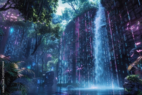 A majestic jungle waterfall cascading down cliffs made of glowing binary streams.