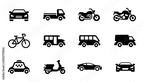 Foto Vehicle Icons Set: Cars, Trucks, Motorcycles, Bicycle, Taxi, Scooter, Van