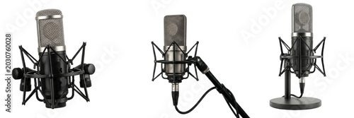 Studio condenser microphones isolated on white, professional podcasting and vocal recording equipment set for music production, broadcasting, streaming visuals

