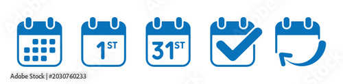 Photography Blue calendar icon assortment for schedule planning with date indicators and task status symbols