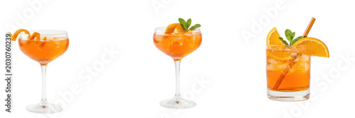 Orange cocktails in elegant glasses isolated on white, refreshing summer spritz and citrus mixed drinks with ice, garnish and straws for bar menus, parties and branding visuals

