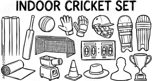 Photos Hand-drawn black and white line art illustration of an indoor cricket set with essential sports equipment, perfect for recreation and games