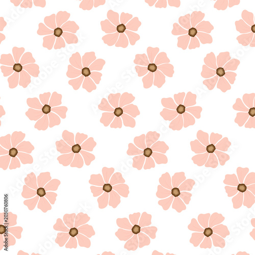 Retro Seamless Floral Pattern with Pink Cosmos Flowers on White Background