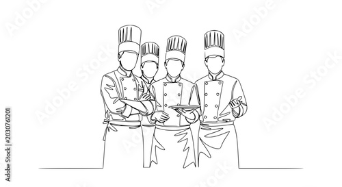 Obraz na płótnie Team of chefs in uniform, continuous line drawing, restaurant staff, culinary pr